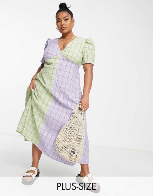 The Frolic Plus - Mix and Match - Lyslilla og grøn midikjole med gingham-tern