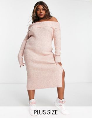 The Frolic Plus off-shoulder knitted midi dress in pink marl
