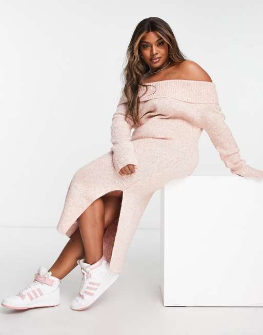 The Frolic Plus off-shoulder knitted midi dress in pink marl