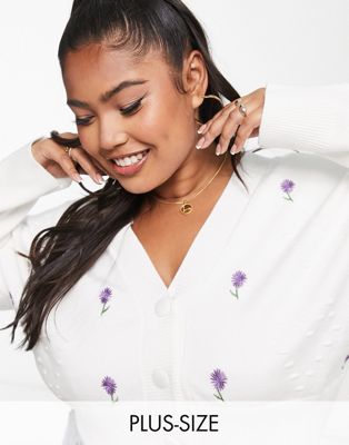 The Frolic Plus pom-pom detail embroidered cardigan in cream and lilac