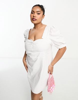The Frolic Plus Puff Sleeve Milkmaid Mini Dress In White