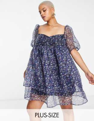 The Frolic Plus puff sleeve organza mini dress in bloom floral