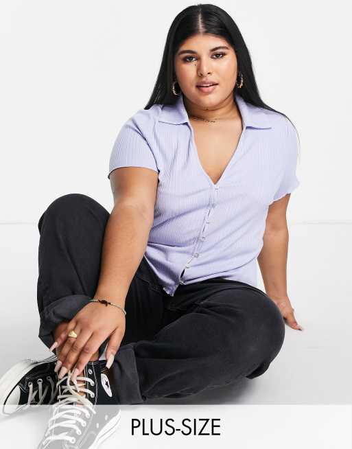 The Frolic Plus ribbed button through top in pale blue
