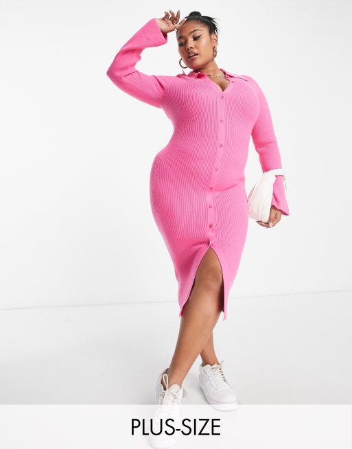 The Frolic Plus - Robe longueur mollet boutonnée à manches évasées - Rose vif