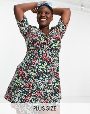 The Frolic Plus tea dress with ruched bust in vintage floral - ASOS Price Checker