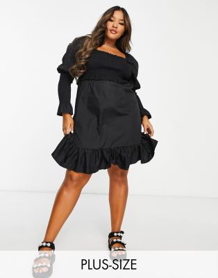 The Frolic Plus shirred bust & sleeve mini smock dress in black | ASOS