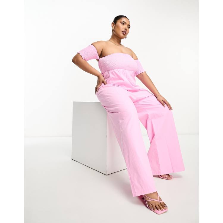 The Frolic Plus shirred off shoulder wide leg jumpsuit in pink ASOS