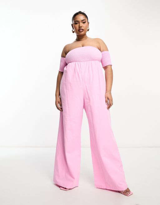 Borgerskab Frem centeret The Frolic Plus shirred off shoulder wide leg jumpsuit in pink | ASOS