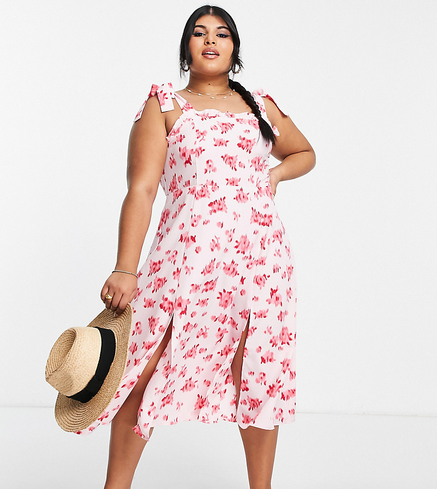 Plus-size dress by The Frolic Cute dress All-over print Square neck Tie straps Front splits Slim fit