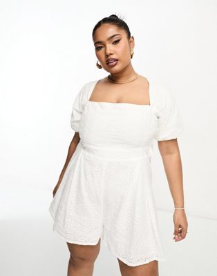 The Frolic Plus square neck puff sleeve playsuit in white broderie
