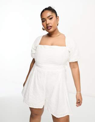 The Frolic Plus square neck puff sleeve romper in white eyelet