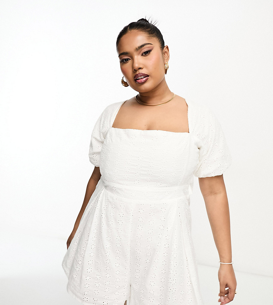 The Frolic Plus square neck puff sleeve romper in white eyelet