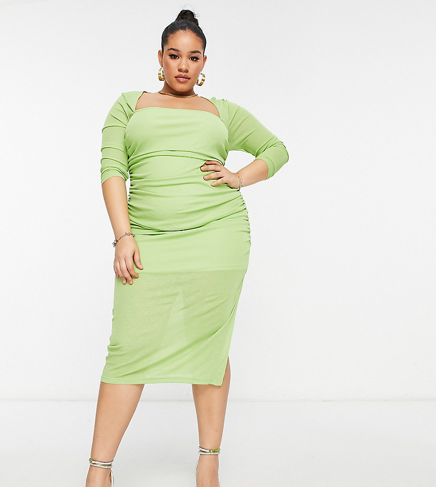 The Frolic Plus square neck ruched side midi dress in sap green-Multi