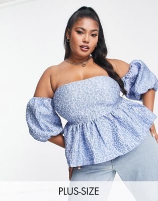 The Frolic Plus textured floral bardot blouse in blue - ASOS Price Checker