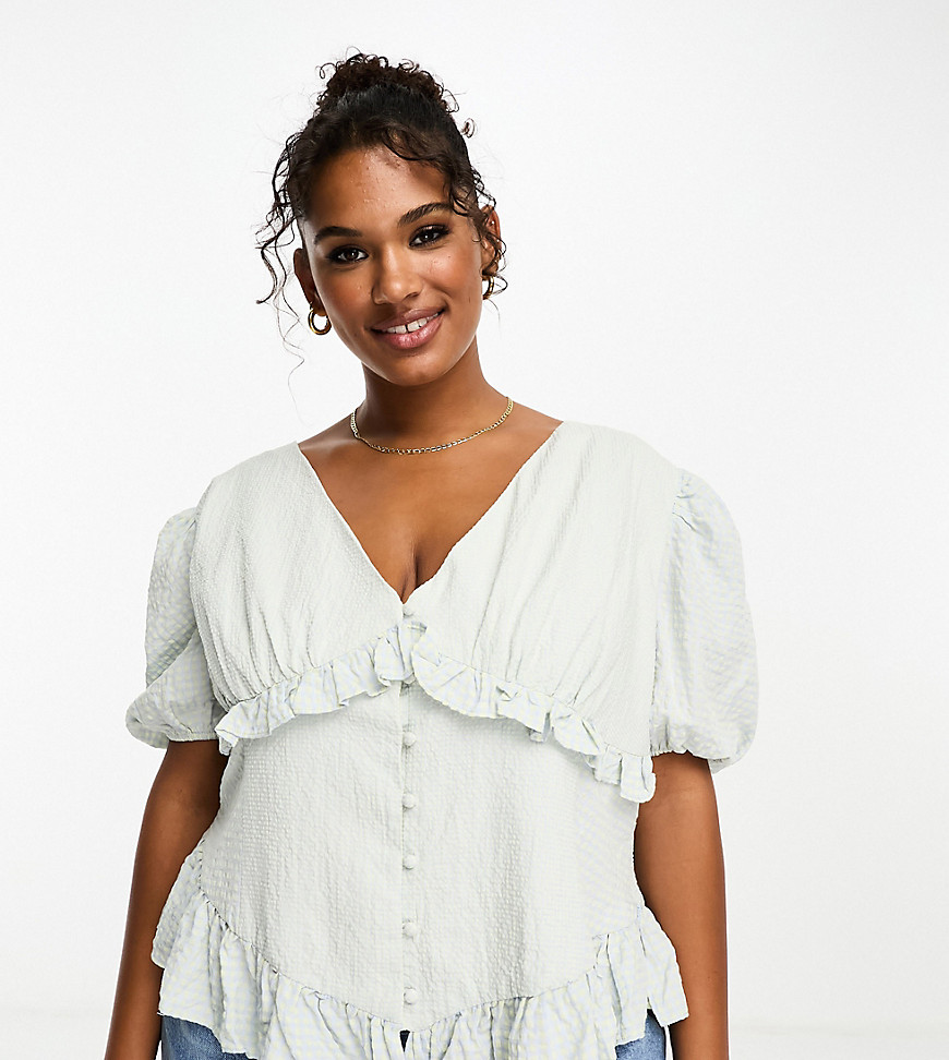The Frolic Plus v-neck button front puff sleeve blouse in blue gingham
