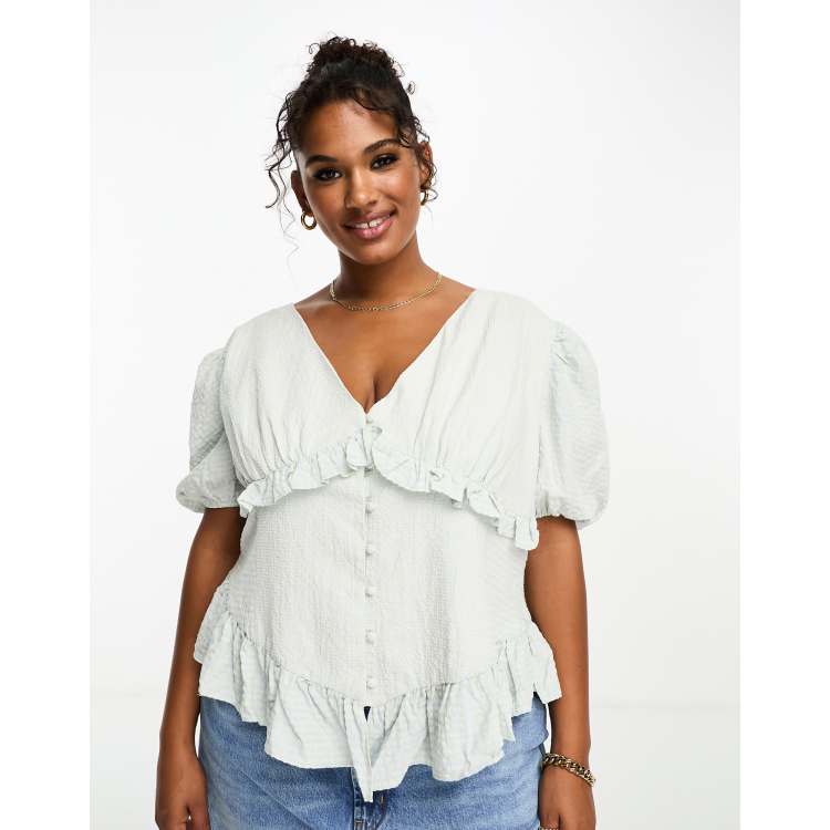 The Frolic Plus v-neck button front puff sleeve blouse in blue gingham |  ASOS