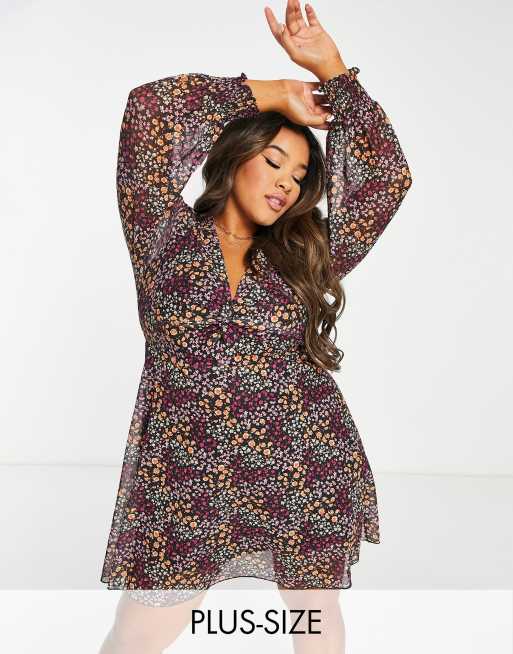 The Frolic Plus - Vestito corto da giorno a fiorellini con maniche in rete e incrocio sul davanti