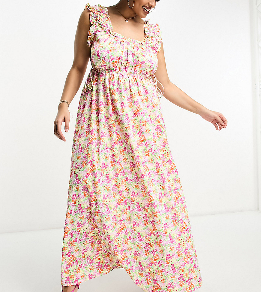The Frolic Plus Watercolor Floral Ruffle Scoop Neck Maxi Dress In Multi