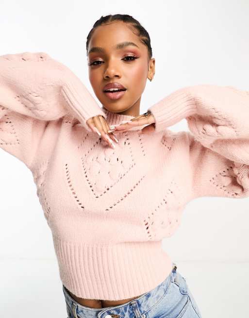 The Frolic pointelle detail puff sleeve sweater in soft pink | ASOS