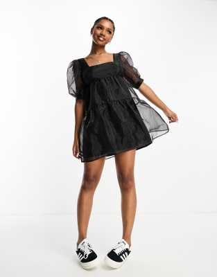 The Frolic polka dot organza puff sleeve mini dress in black