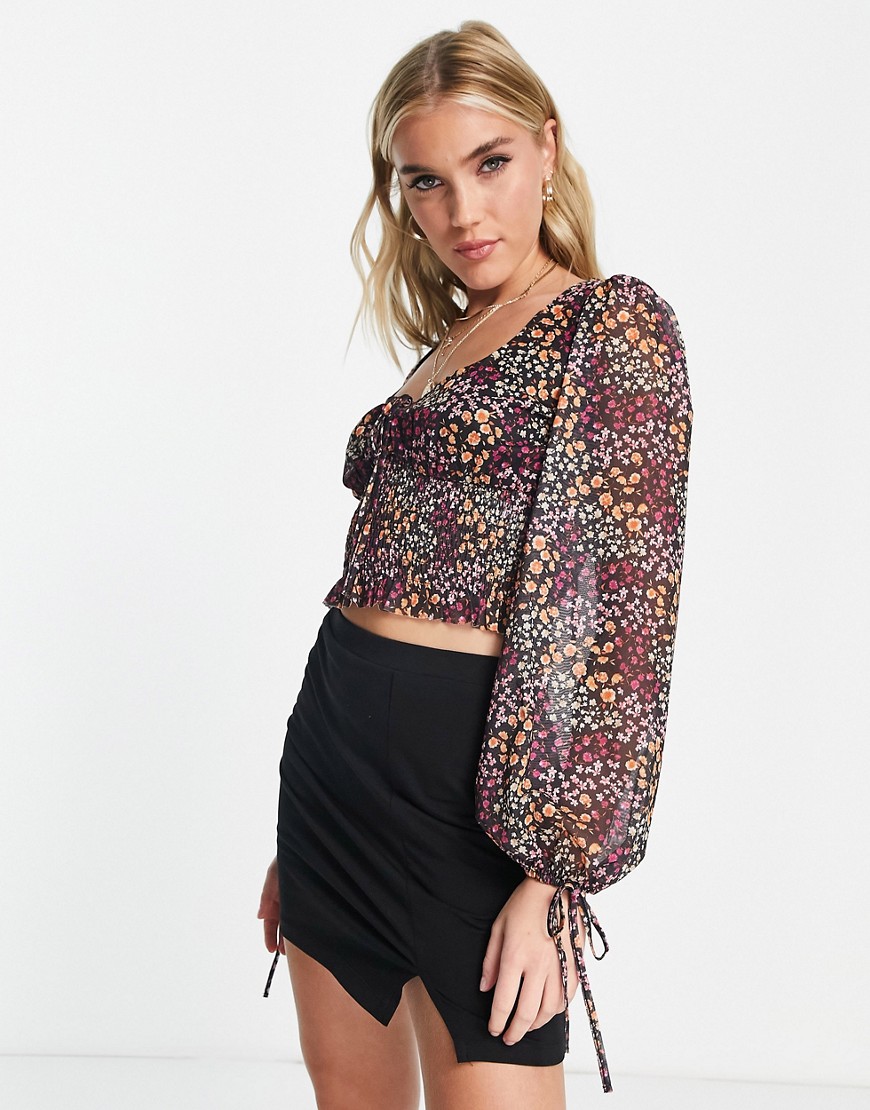 The Frolic Puff Mesh Sleeve Blouse With Tie Ruched Bust In Ditsy Floral-multi