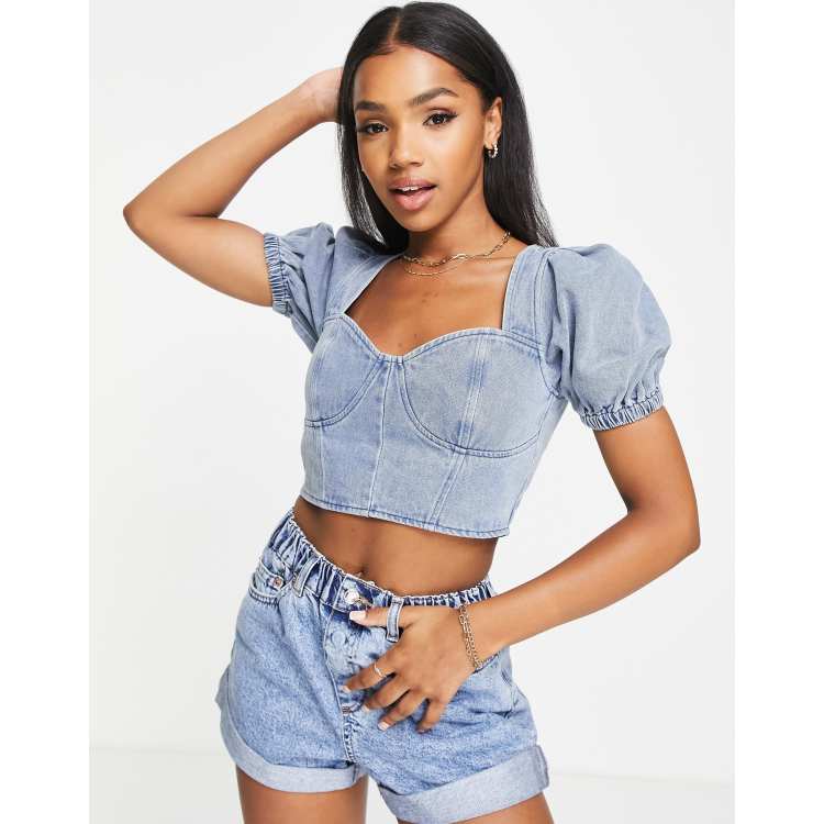 The Frolic puff sleeve corset in blue denim | ASOS