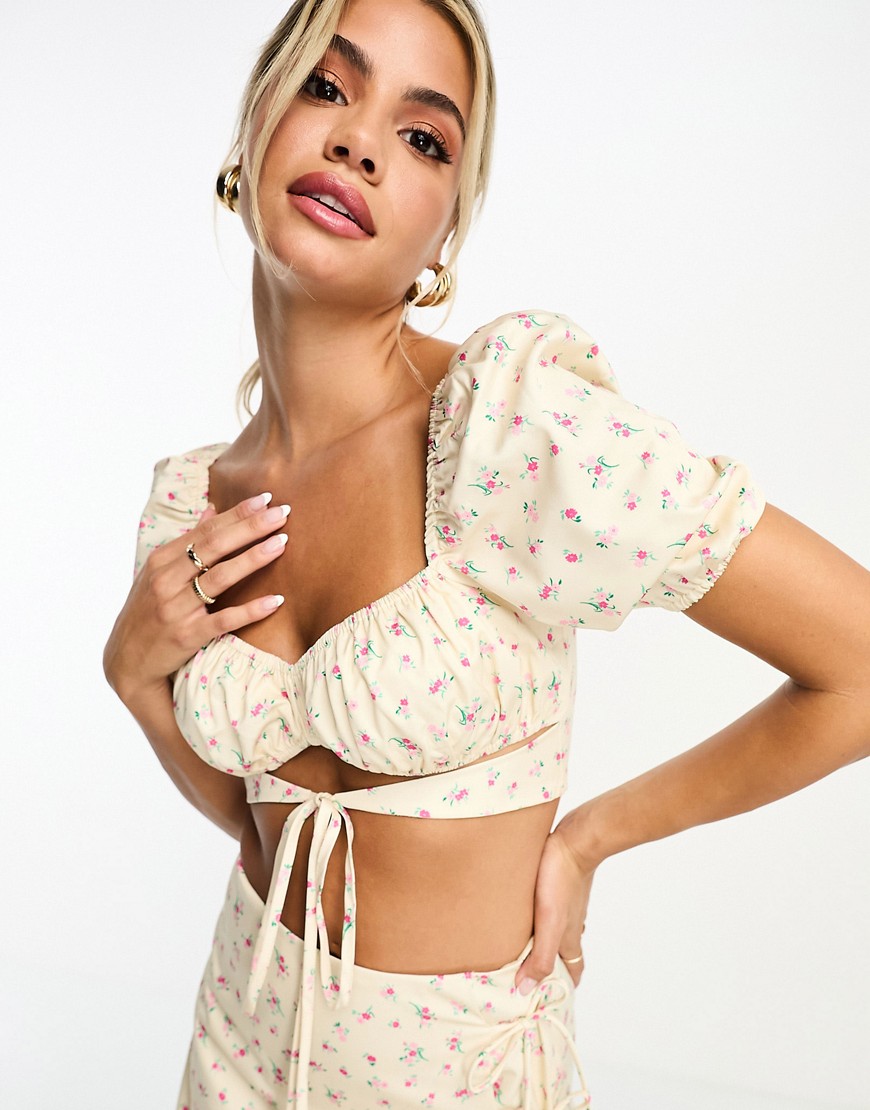 The Frolic puff sleeve milkmaid crop top with strap detail co-ord in vintage floral-Multi