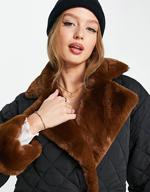 The Frolic quilted faux fur trim coat in black and brown