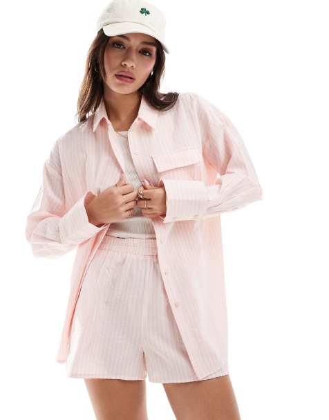 The Frolic - Raye - Oversized gestreept overhemd in roze en wit - view 1