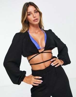 The Frolic Remi Beach co-ord wrap top in black