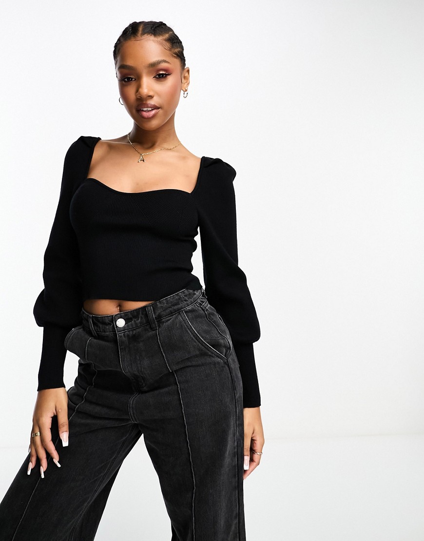 The Frolic rib detail long sleeve cropped jumper in black