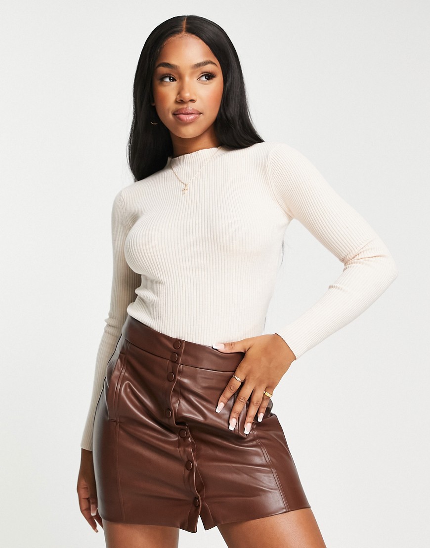 The Frolic ribbed high neck sweater in cream-White