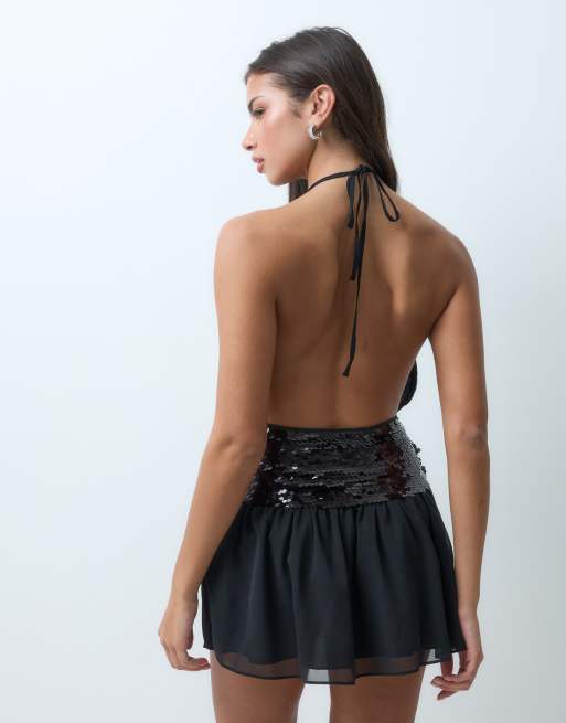 The Frolic robe courte en mousseline à sequins, dos nu, taille basse, noire, 5 de 5