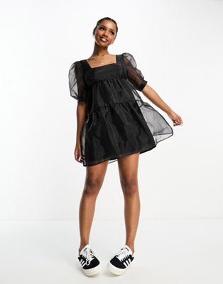 The Frolic polka dot organza puff sleeve mini dress in black - ASOS Price Checker