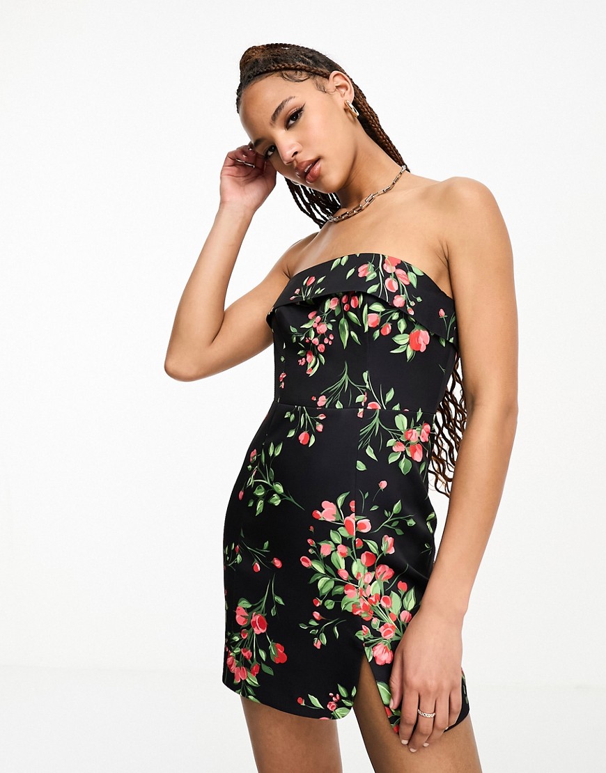 The Frolic Rose Print Mini Bandeau Dress In Black And Red