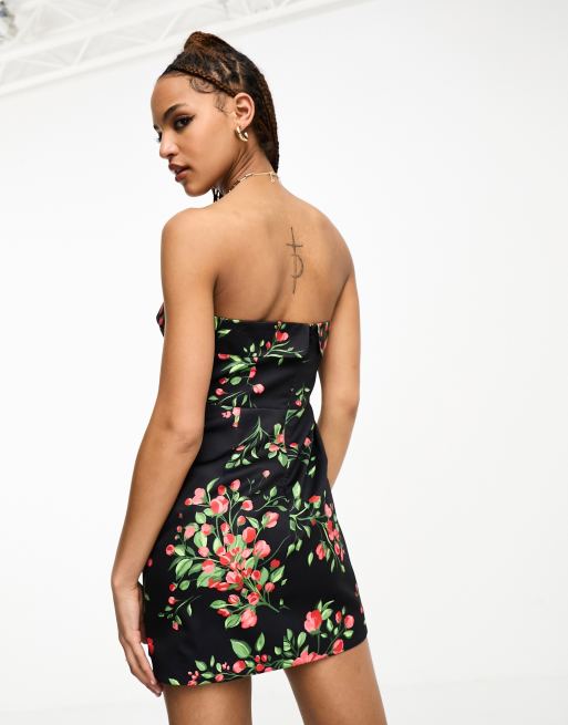 The Frolic rose print mini bandeau dress in black and red