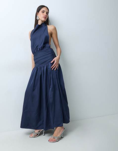 The Frolic satin high neck ruched waistband detail thigh split maxi dress in navy - view 1