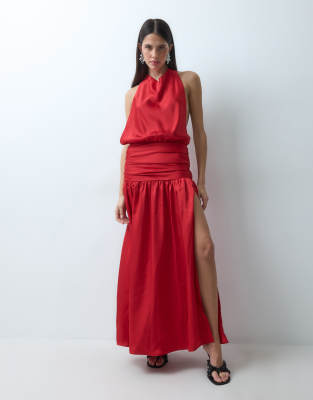The Frolic Satin High Neck Ruched Waistband Detail Thigh Split Maxi Dress In Red