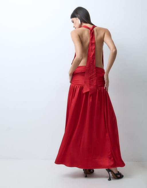 The Frolic satin high neck ruched waistband detail thigh split maxi ...