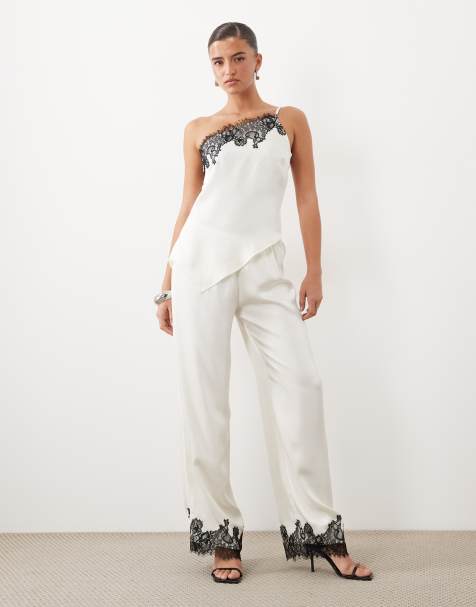 The Frolic satin lace trim wide leg trousers co-ord in white - view 1