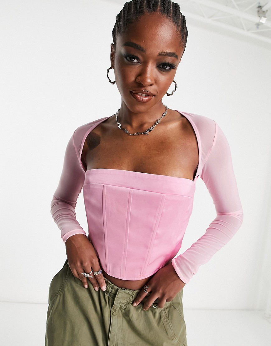 The Frolic satin long sleeve corset top in pink