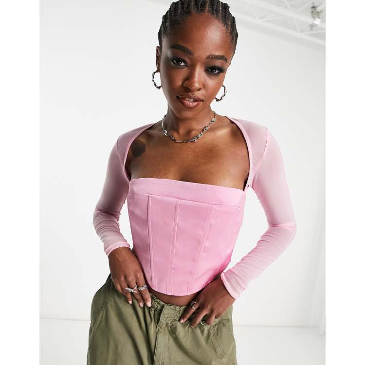 Mid Pink Ribbed Knit Long Sleeve Corset Top, New Look