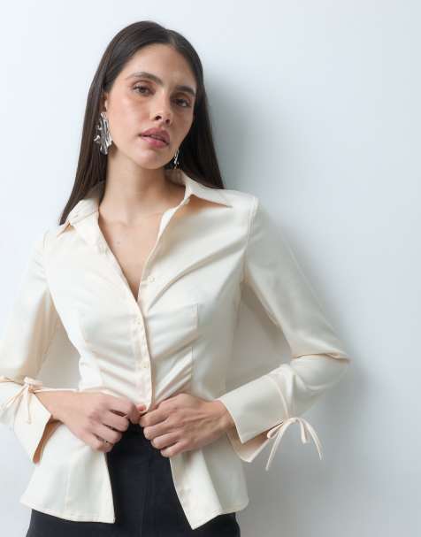 The Frolic satin tie sleeve detail shirt in champagne - view 1