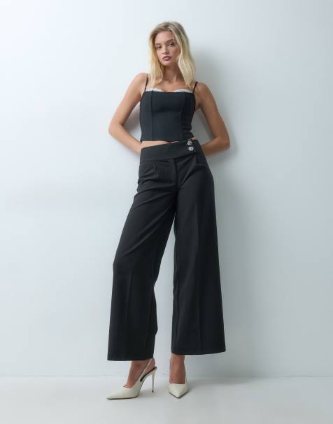 The Frolic sequin button detail tailored wide leg pants in black - view 1