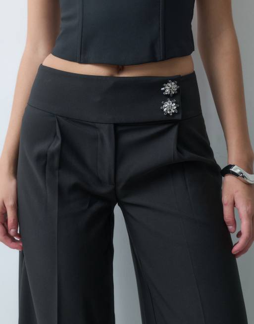 The Frolic sequin button detail tailored wide leg pants in black, 4 of 5