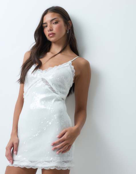 The Frolic sequin lace trim cami mini dress in white