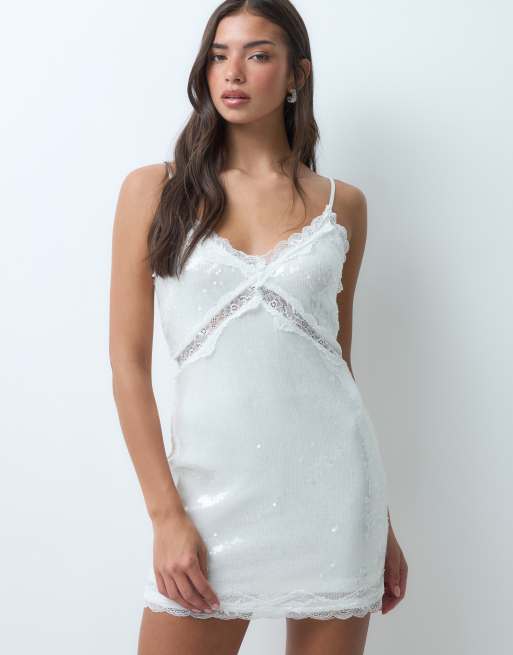The Frolic sequin lace trim cami mini dress in white, 4 of 5