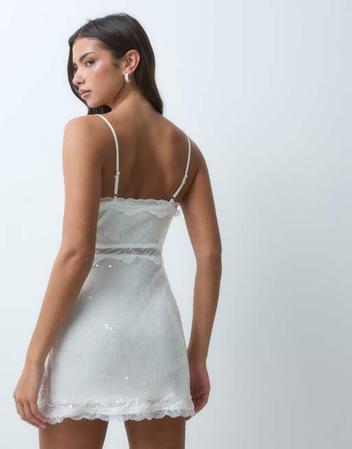 The Frolic sequin lace trim cami mini dress in white, 5 of 5