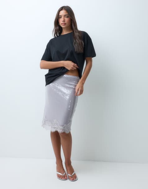 The Frolic sequin lace trim midi skirt in silver - view 1