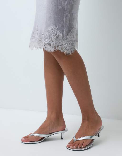 The Frolic sequin lace trim midi skirt in silver, 2 of 5